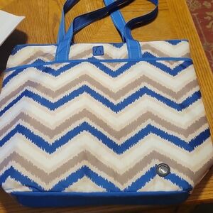 Chevron Patterned Blue and Tan Tote Bag